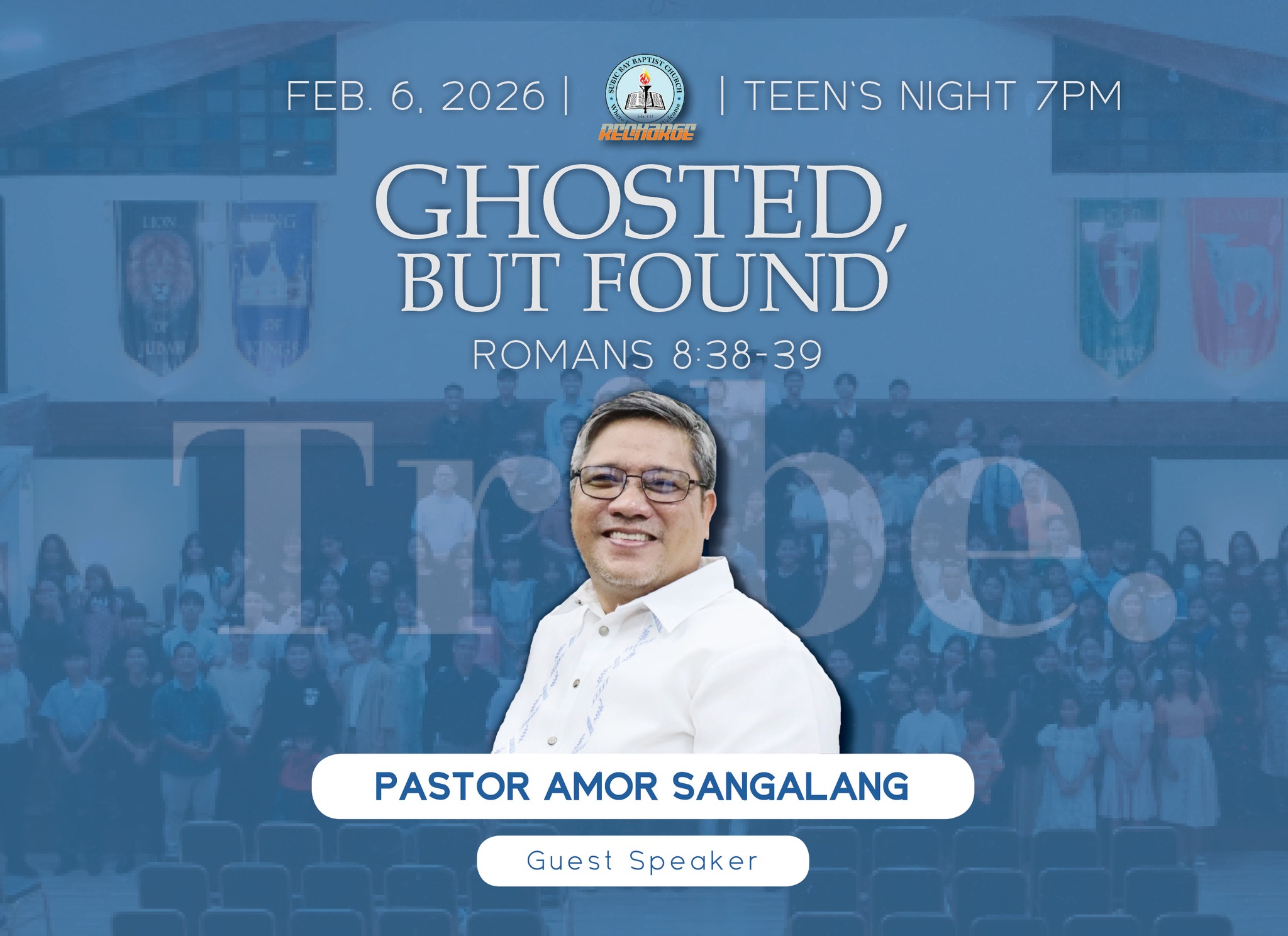 Pastor Amor Sangalang speaking at Teen's Night event on Feb 6, 2026, with audience in background.
