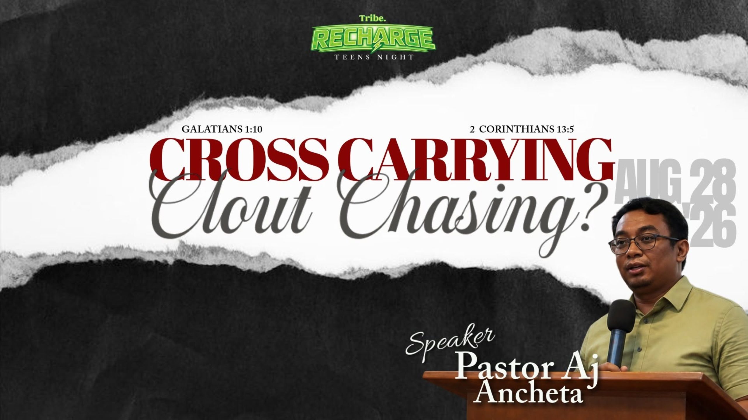 Pastor Aj Ancheta speaking at a church event about cross carrying and cloud chasing.